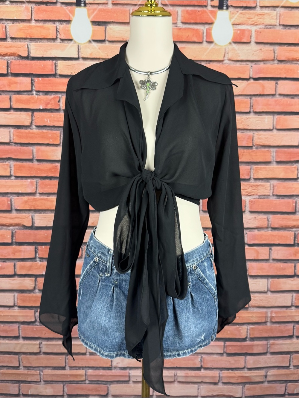 90s black tie-front top